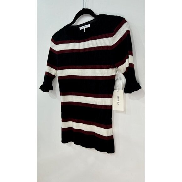 NWT FRAME Size S Noir Multi Striped Wool Blend Ruffle Sleeve Sweater MSRP $245 - Picture 10 of 12